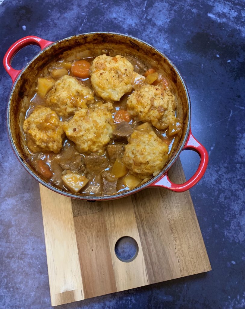 Slow-cooked beef stew and dumplings