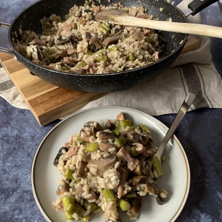 Mushroom, asparagus and bacon risotto